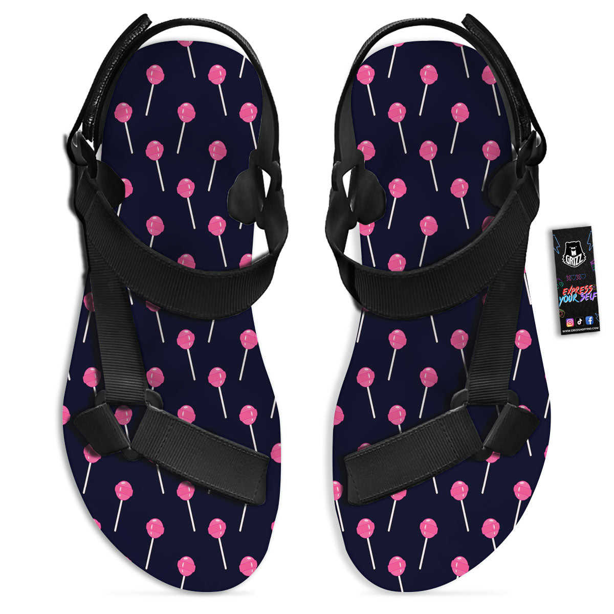 Sweet Pink Lollipop Print Pattern Black Open Toe Sandals-grizzshop