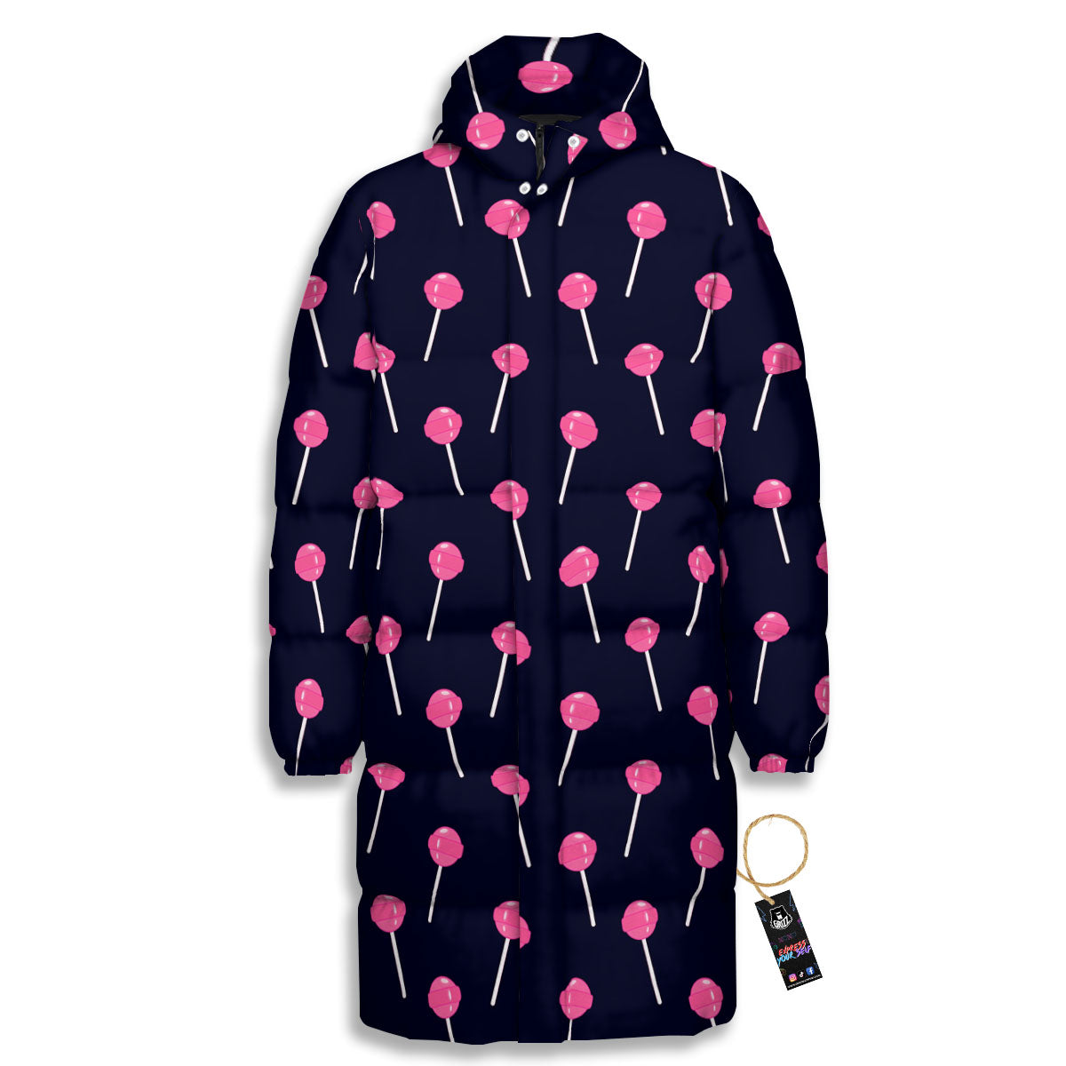 Sweet Pink Lollipop Print Pattern Long Down Jacket-grizzshop