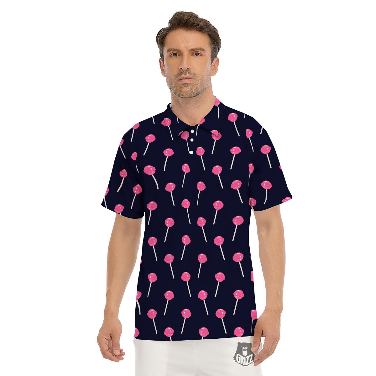 Sweet Pink Lollipop Print Pattern Men's Golf Shirts-grizzshop