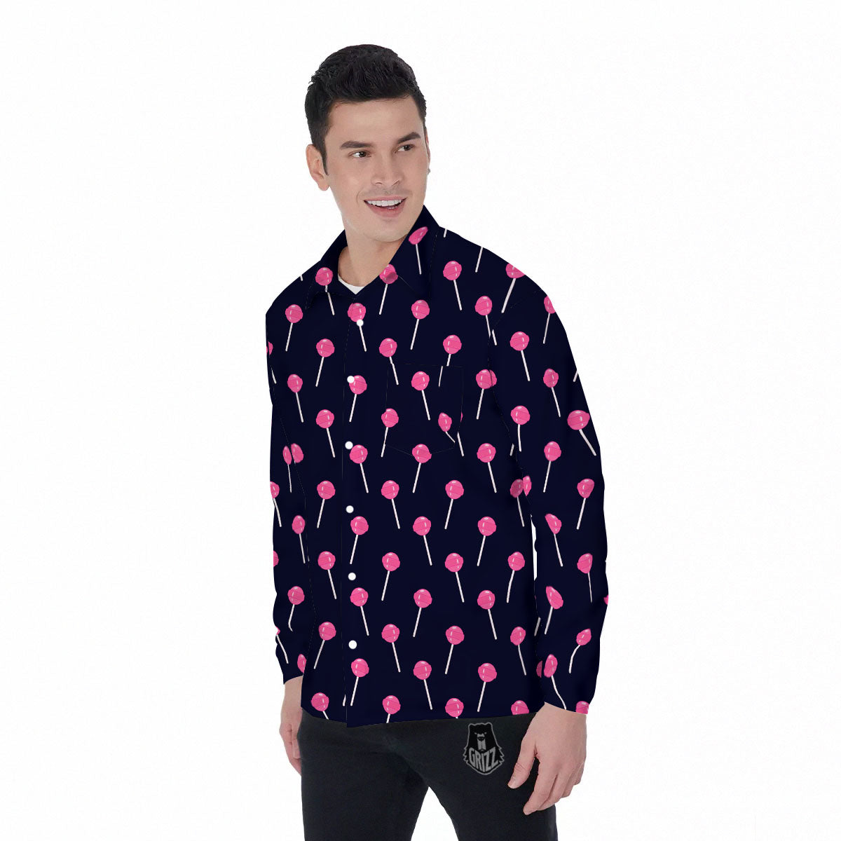 Sweet Pink Lollipop Print Pattern Men's Long Sleeve Shirts-grizzshop