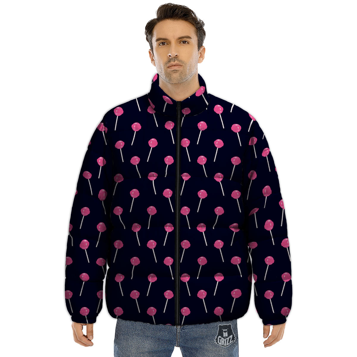 Sweet Pink Lollipop Print Pattern Puffer Jacket-grizzshop