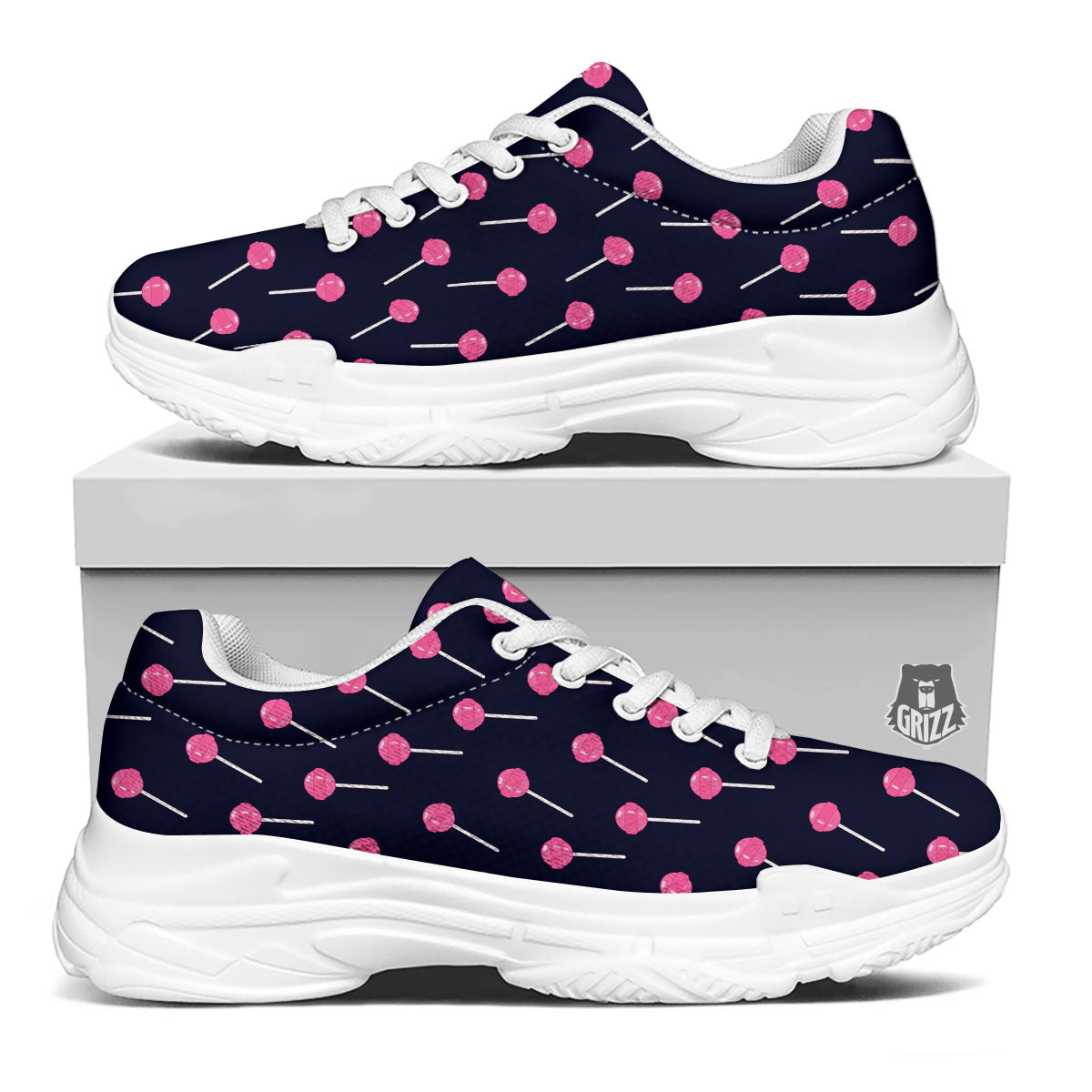 Sweet Pink Lollipop Print Pattern White Chunky Shoes-grizzshop