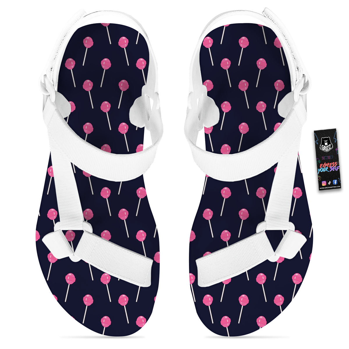 Sweet Pink Lollipop Print Pattern White Open Toe Sandals-grizzshop