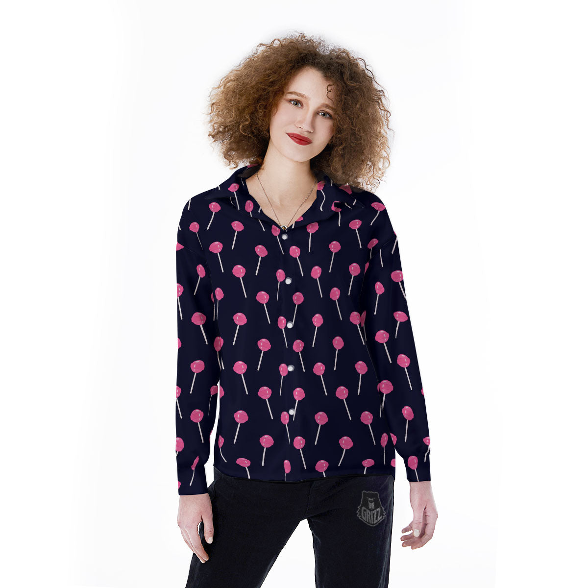 Sweet Pink Lollipop Print Pattern Women's Long Sleeve Shirts-grizzshop