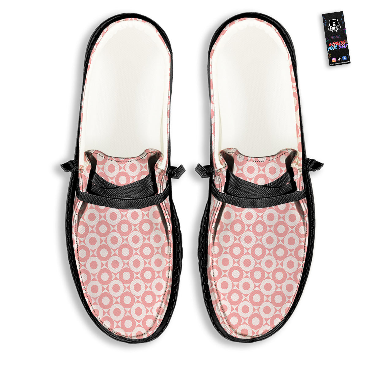 Sweet Pink Round And Square Print Pattern Black Loafers-grizzshop