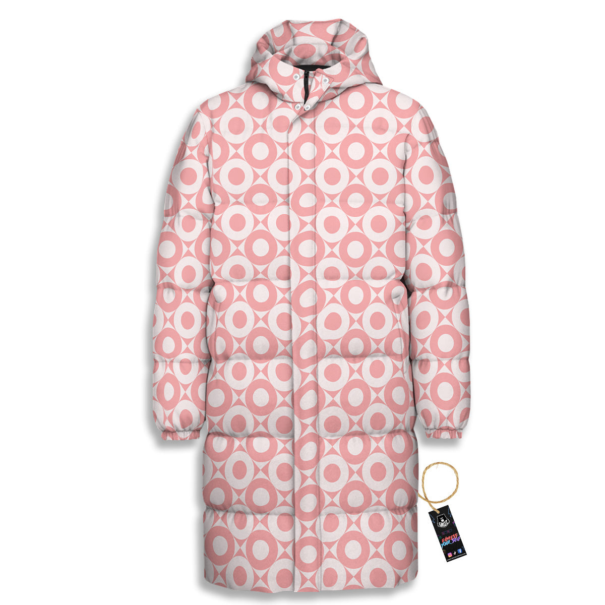 Sweet Pink Round And Square Print Pattern Long Down Jacket-grizzshop