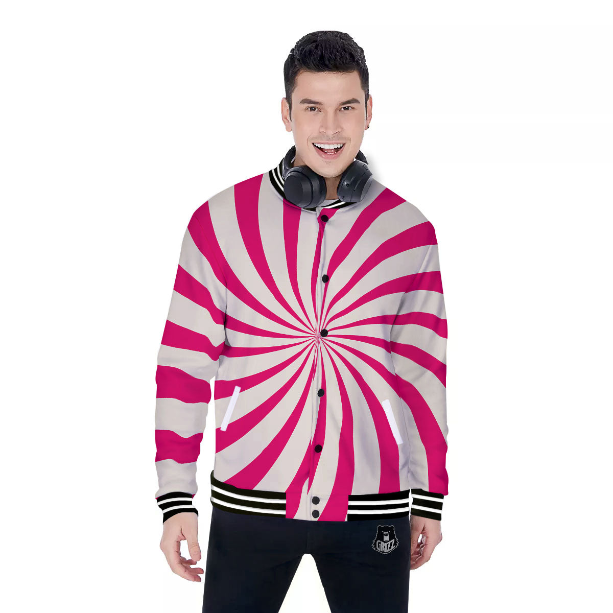 Swirl Candy Pink Print Baseball Jacket-grizzshop