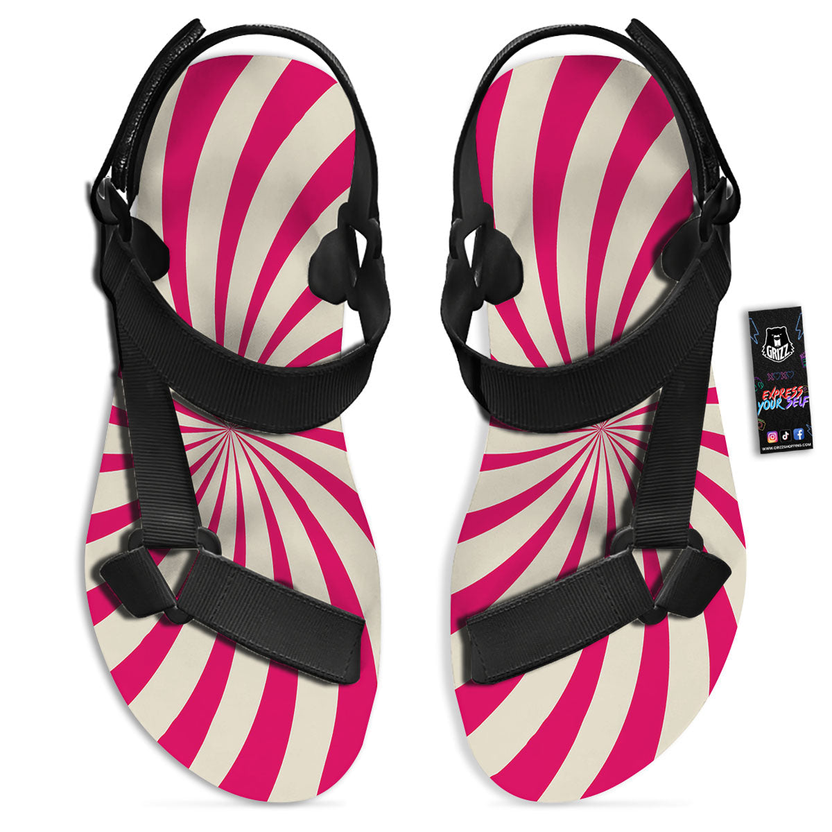 Swirl Candy Pink Print Black Open Toe Sandals-grizzshop