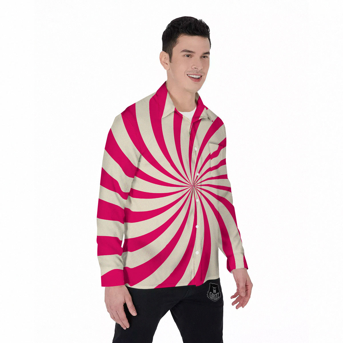 Swirl Candy Pink Print Men's Long Sleeve Shirts-grizzshop