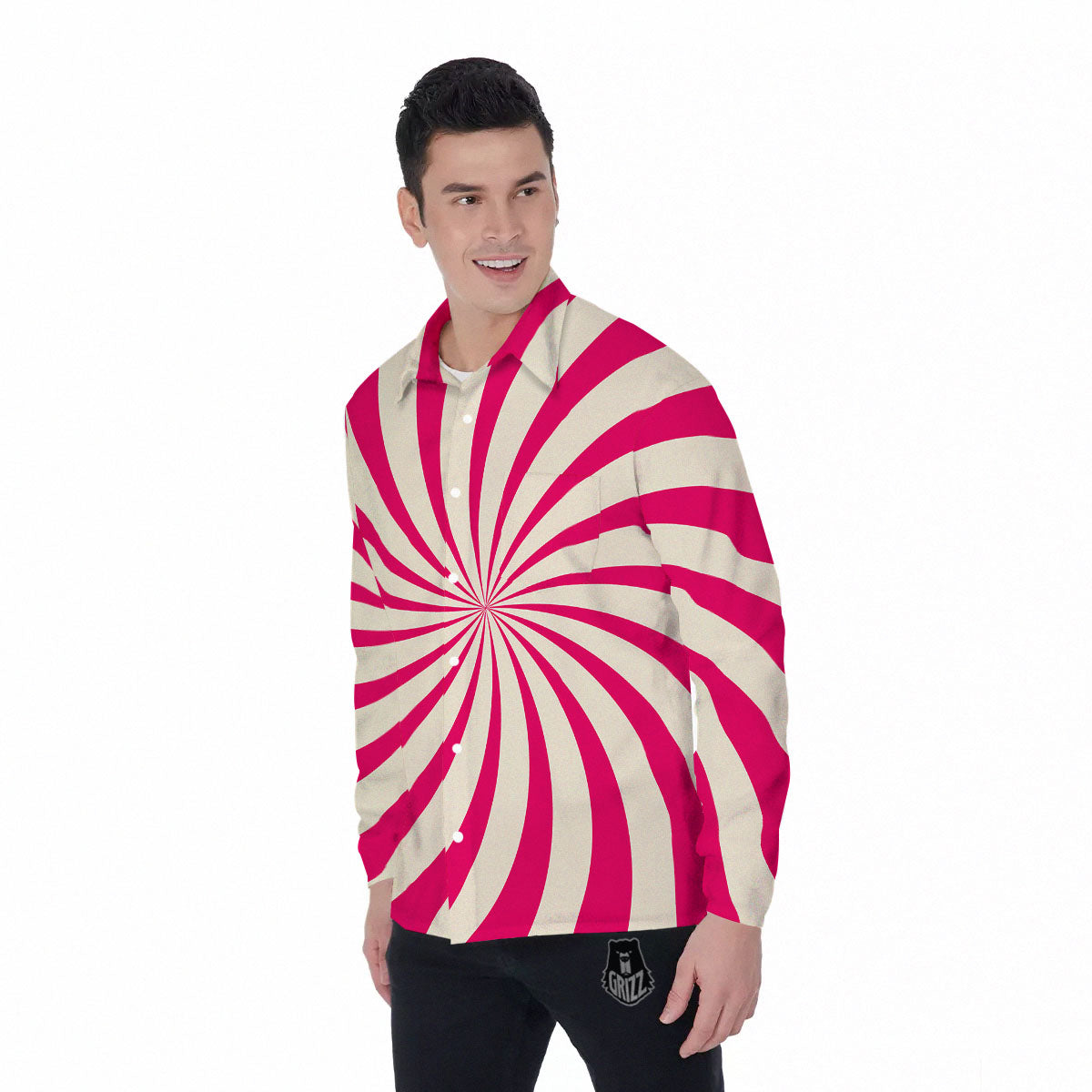 Swirl Candy Pink Print Men's Long Sleeve Shirts-grizzshop