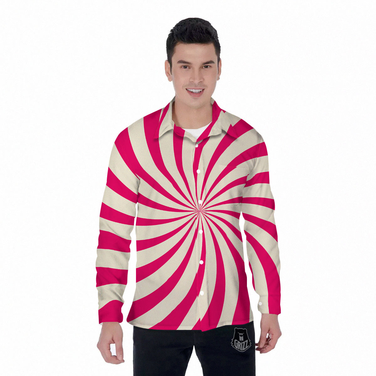 Swirl Candy Pink Print Men's Long Sleeve Shirts-grizzshop