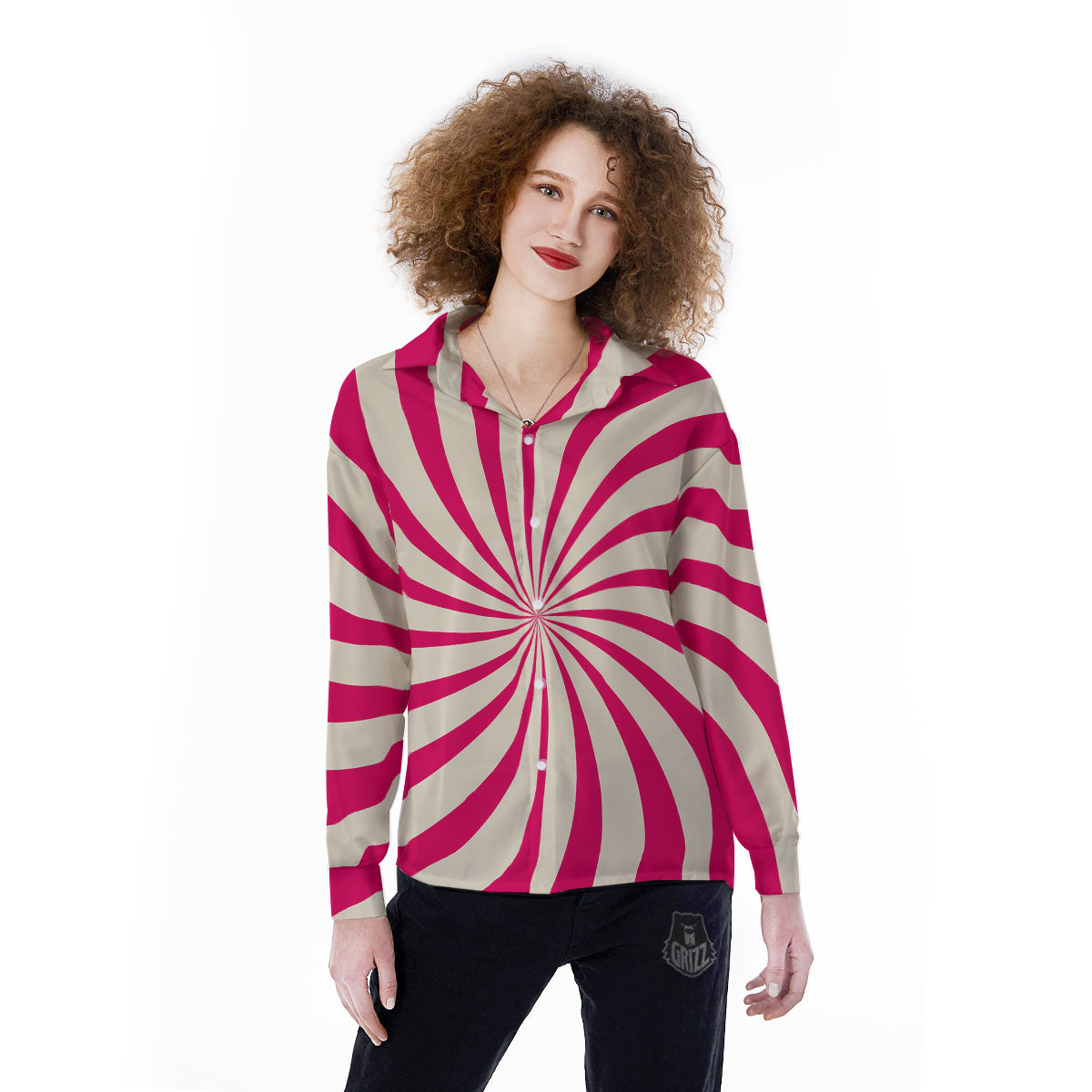 Swirl Candy Pink Print Women's Long Sleeve Shirts-grizzshop