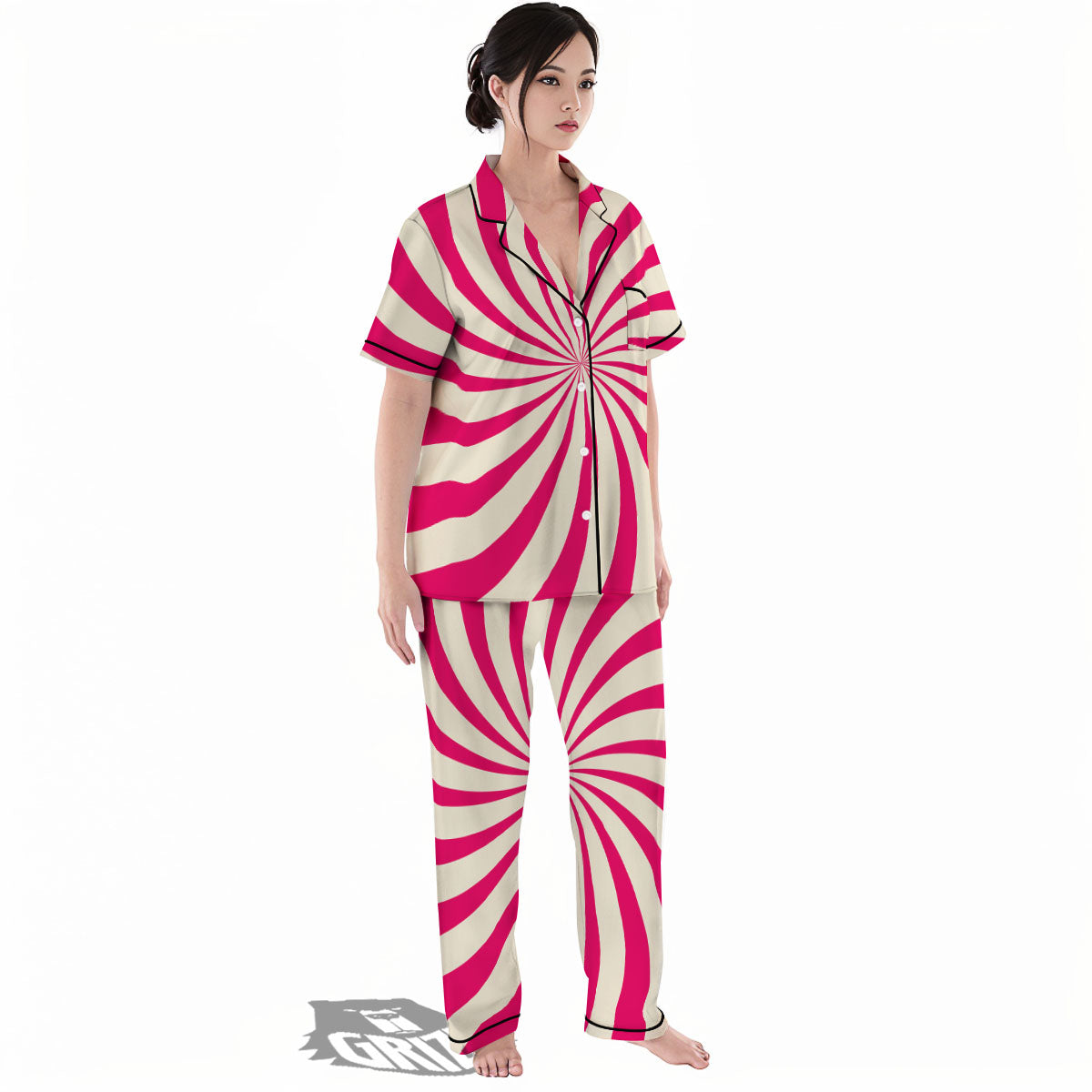 Swirl Candy Pink Print Women's Pajamas Set-grizzshop