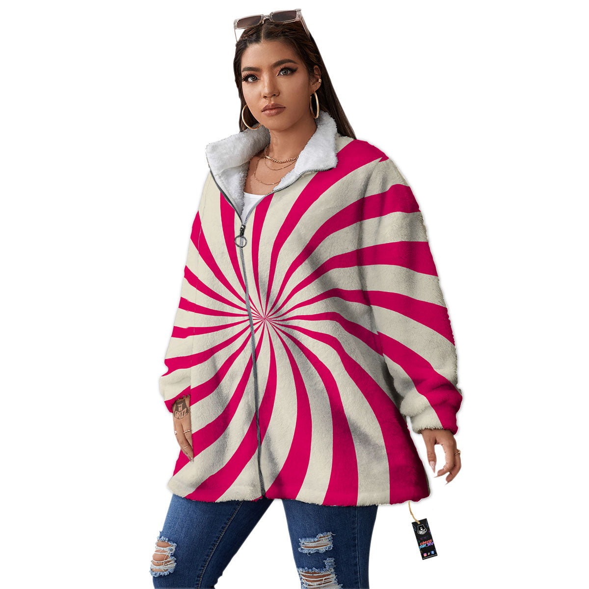 Swirl Candy Pink Print Women's Sherpa Jacket-grizzshop