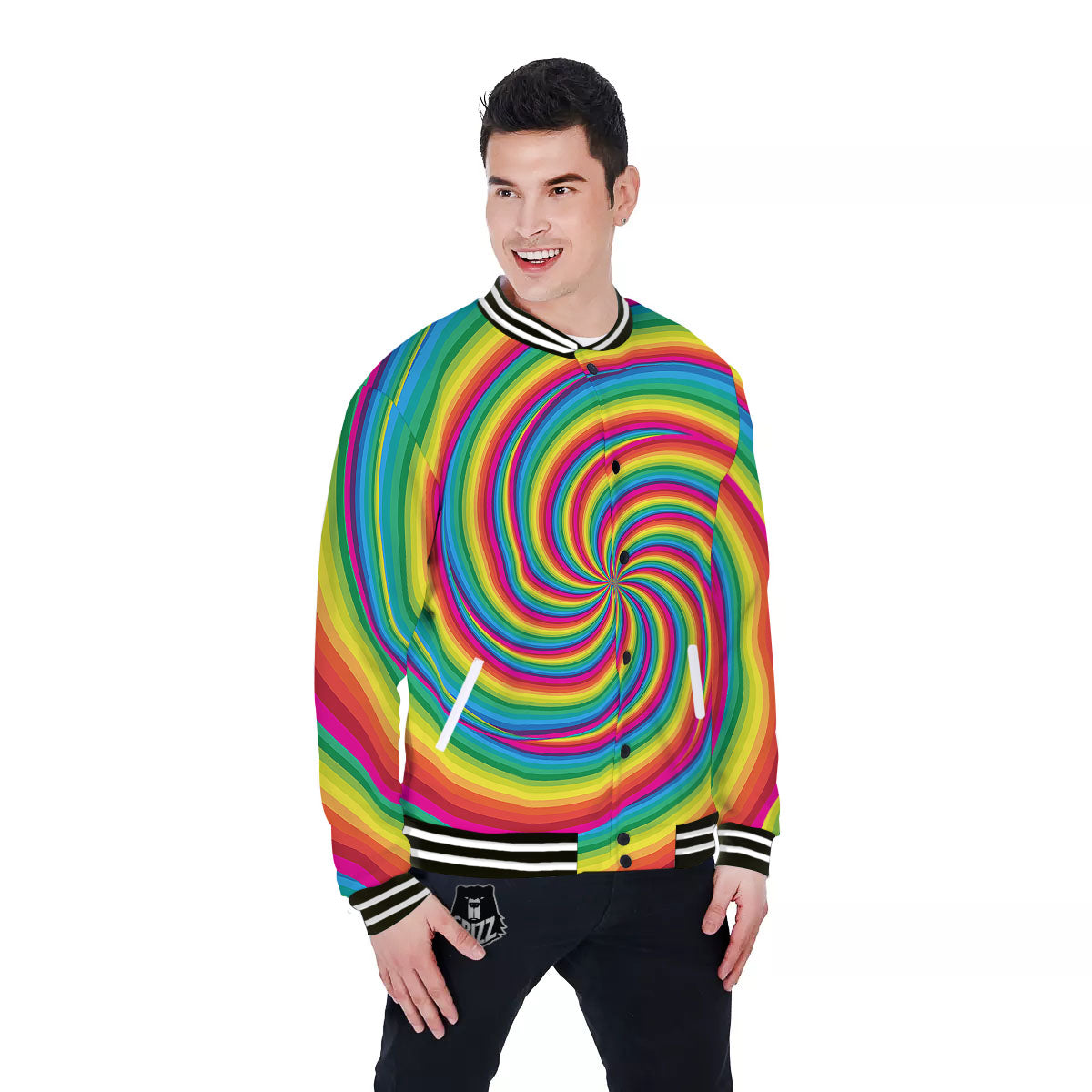 Swirl Candy Rainbow Print Baseball Jacket-grizzshop