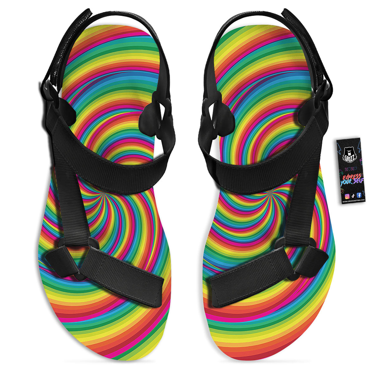 Swirl Candy Rainbow Print Black Open Toe Sandals-grizzshop