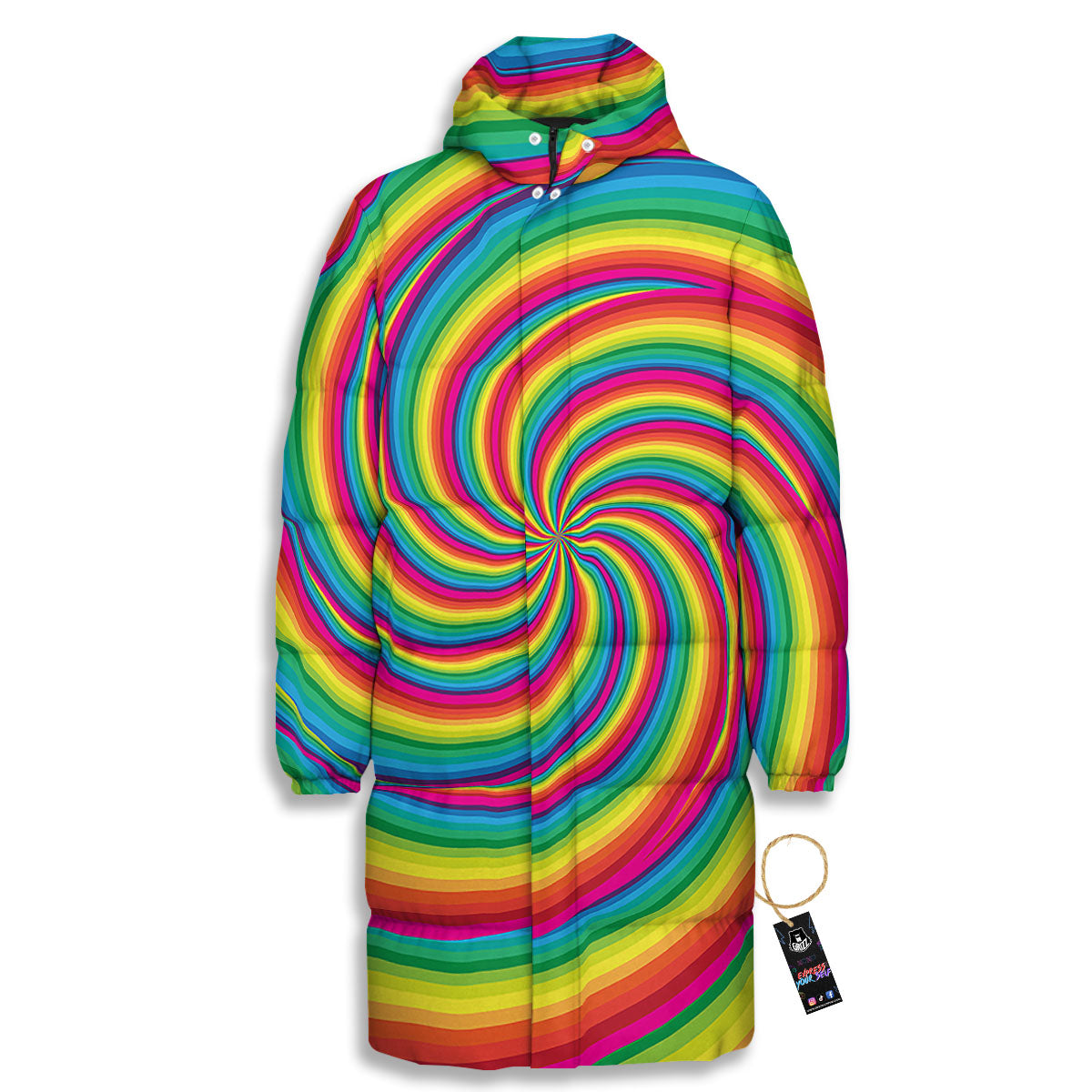 Swirl Candy Rainbow Print Long Down Jacket-grizzshop