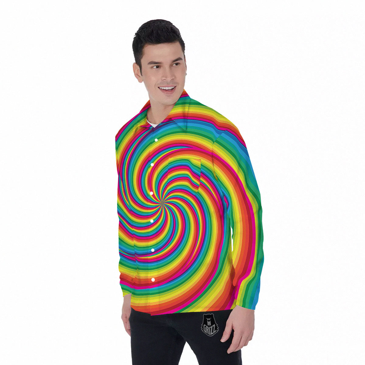Swirl Candy Rainbow Print Men's Long Sleeve Shirts-grizzshop