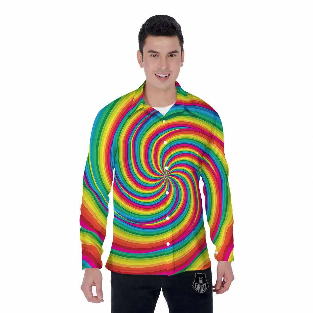Swirl Candy Rainbow Print Men's Long Sleeve Shirts-grizzshop