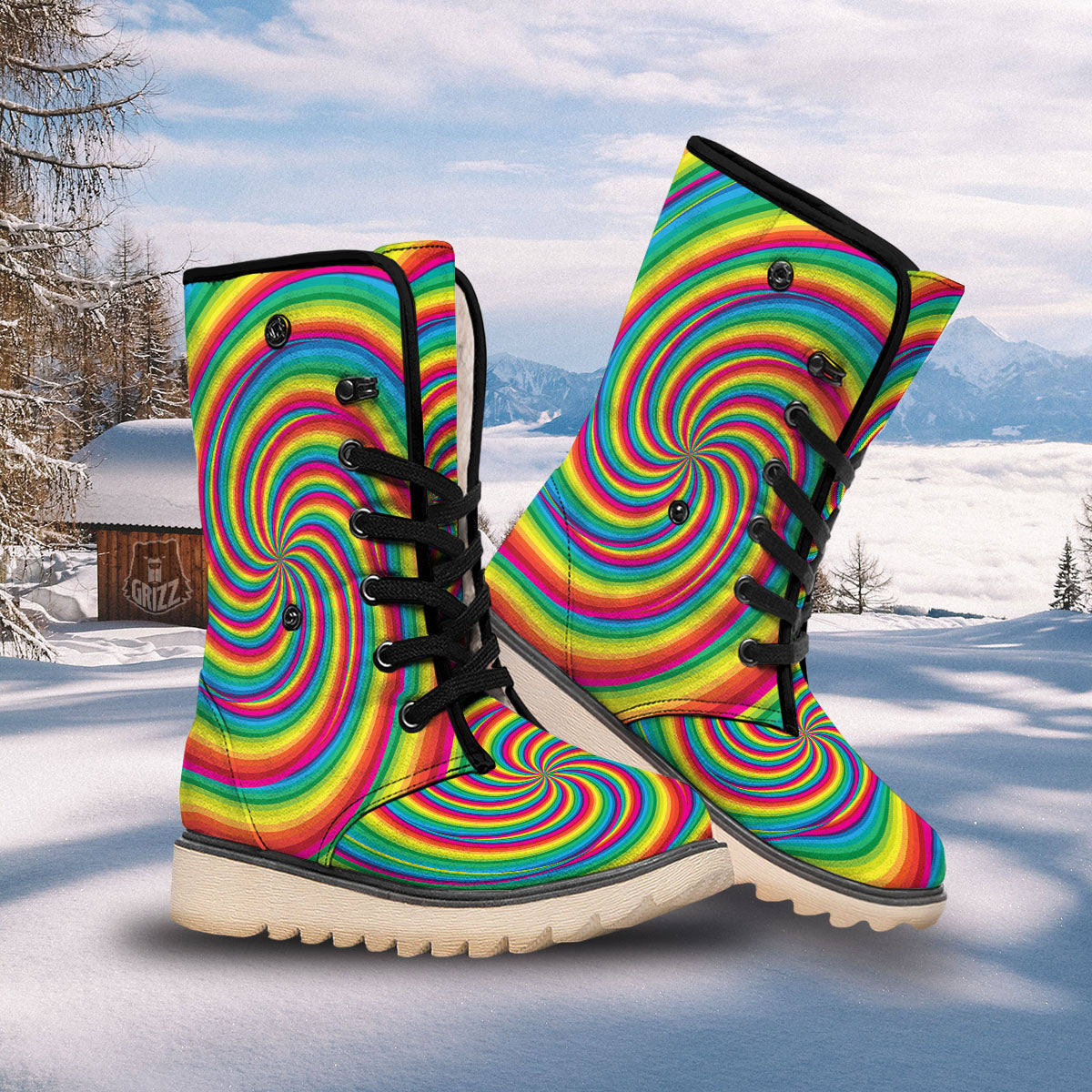 Swirl Candy Rainbow Print Snow Boots-grizzshop