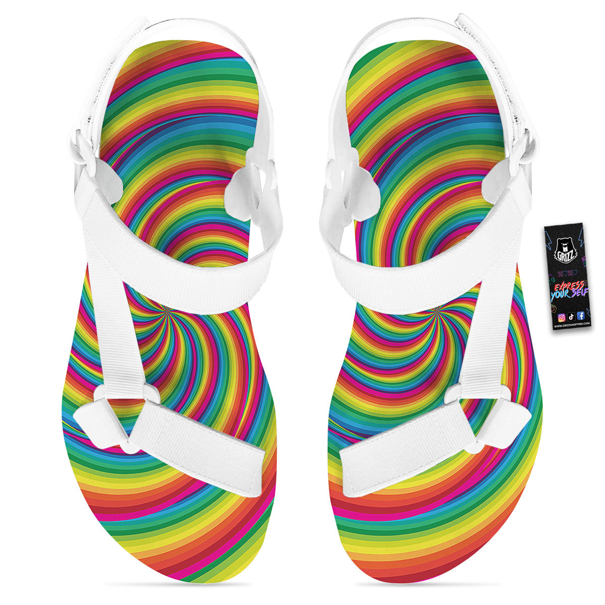 Swirl Candy Rainbow Print White Open Toe Sandals-grizzshop