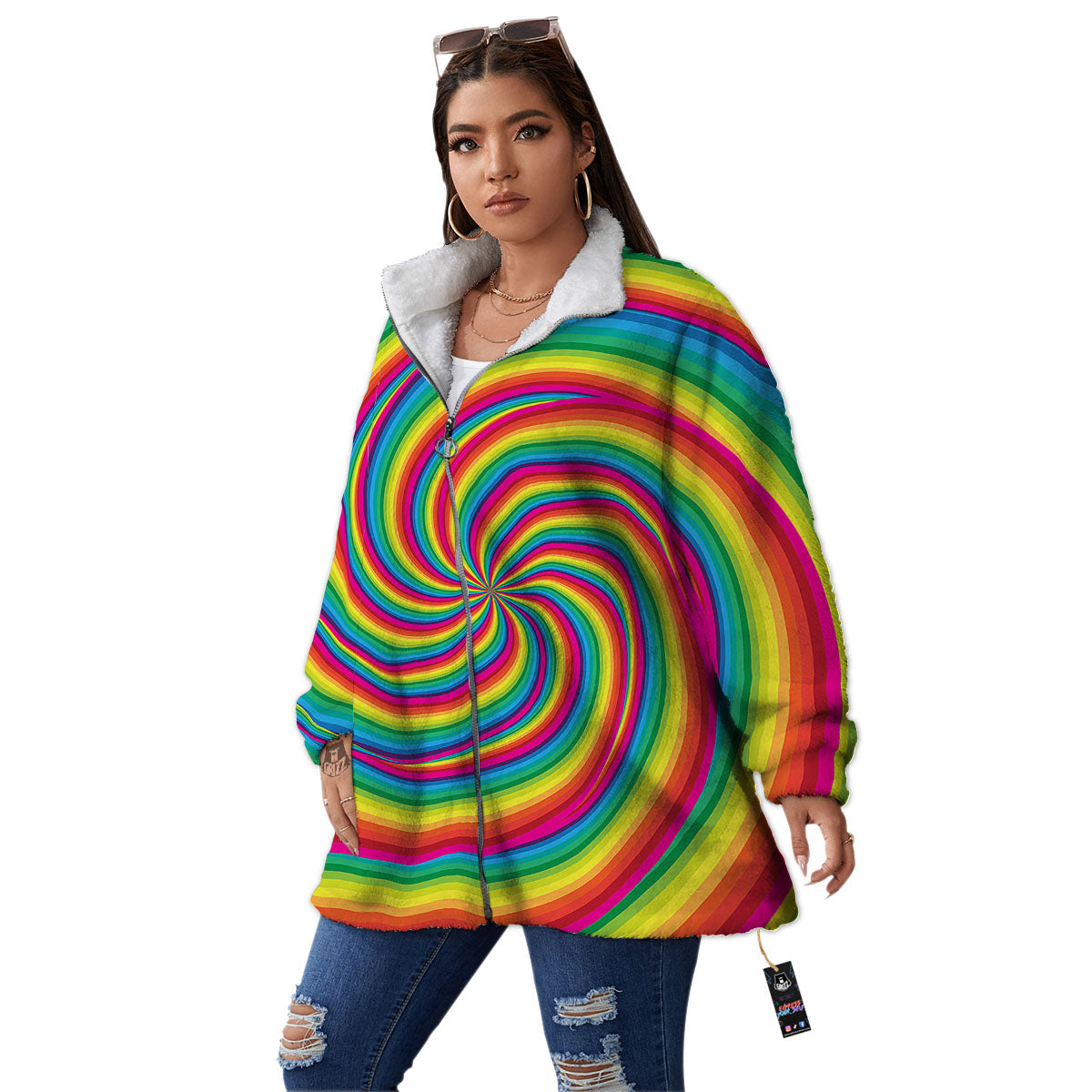 Swirl Candy Rainbow Print Women's Sherpa Jacket-grizzshop