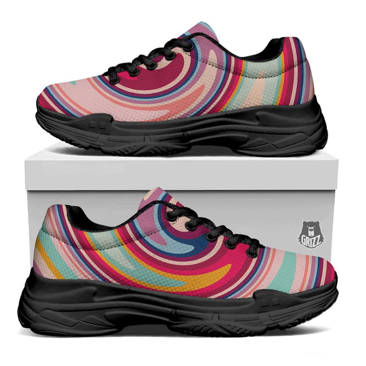 Swirl Colorful Print Black Chunky Shoes-grizzshop