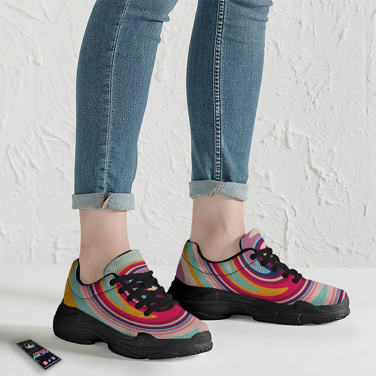 Swirl Colorful Print Black Chunky Shoes-grizzshop