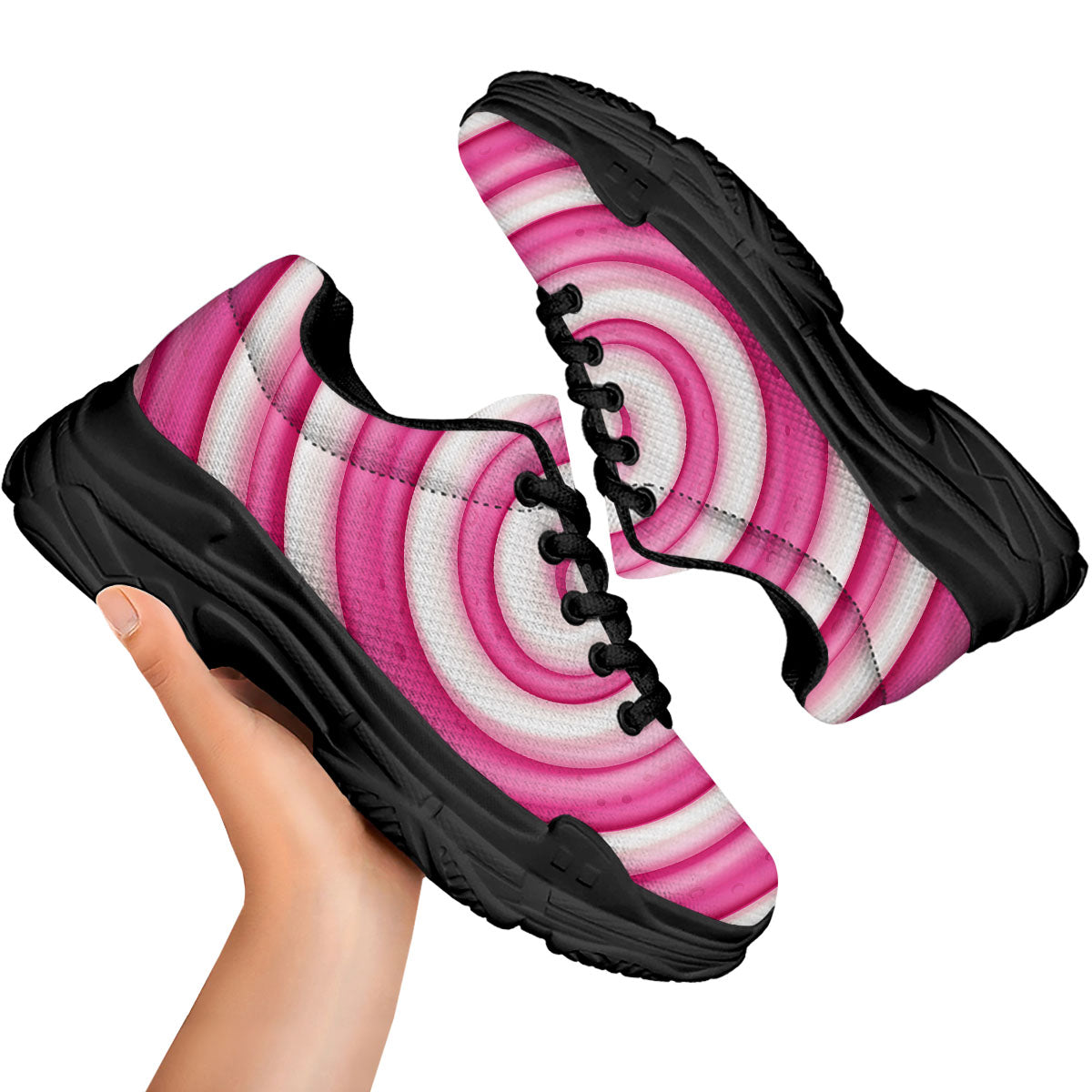 Swirl Pink Lollipop Print Black Chunky Shoes-grizzshop