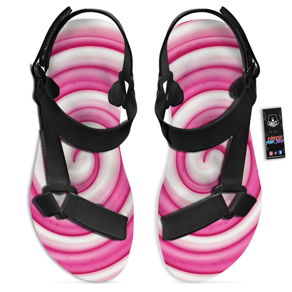 Swirl Pink Lollipop Print Black Open Toe Sandals-grizzshop
