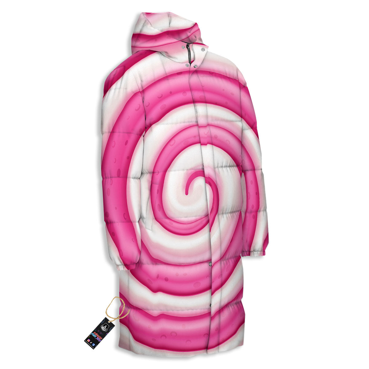 Swirl Pink Lollipop Print Long Down Jacket-grizzshop