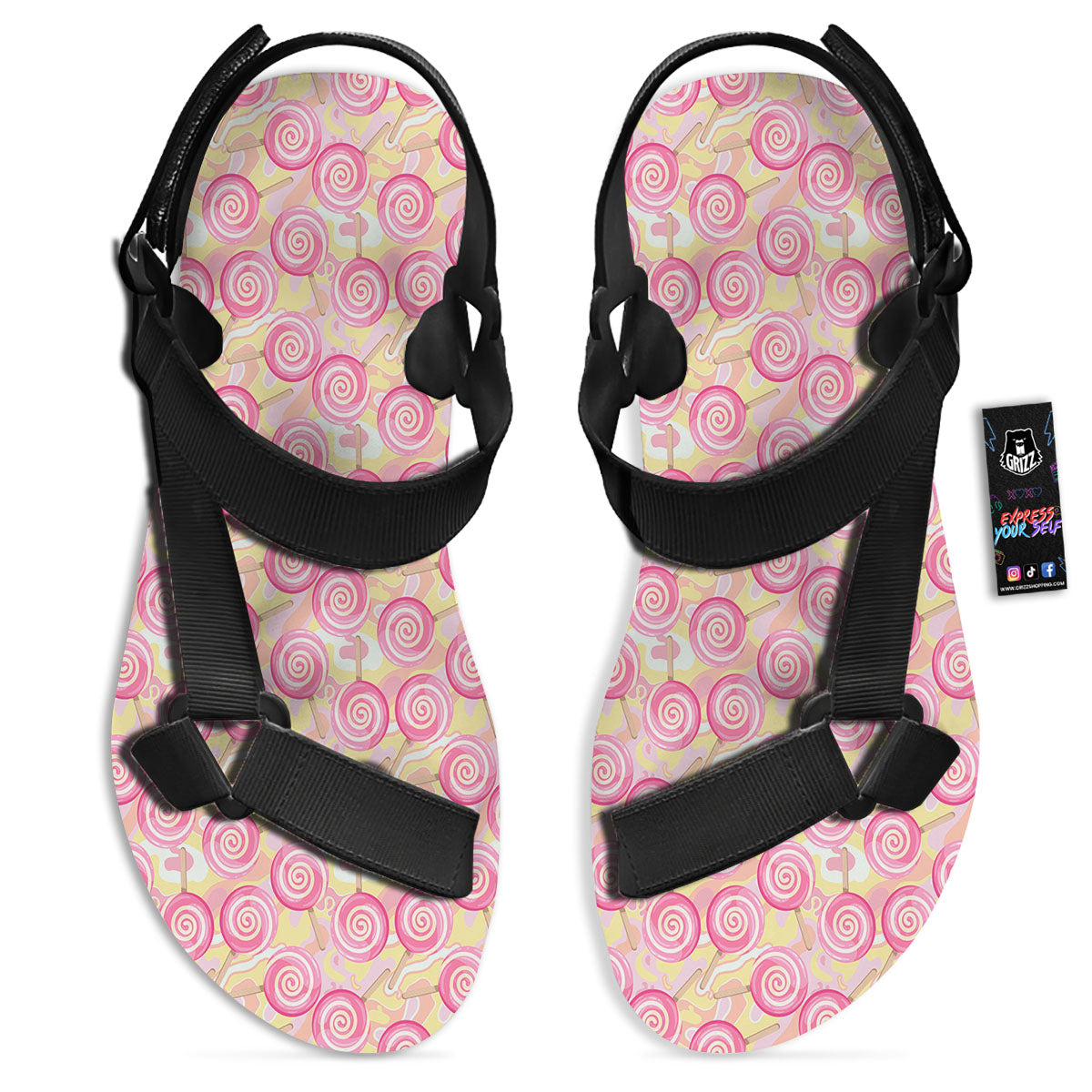 Swirl Pink Lollipop Print Pattern Black Open Toe Sandals-grizzshop