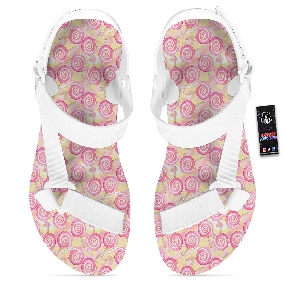 Swirl Pink Lollipop Print Pattern White Open Toe Sandals-grizzshop
