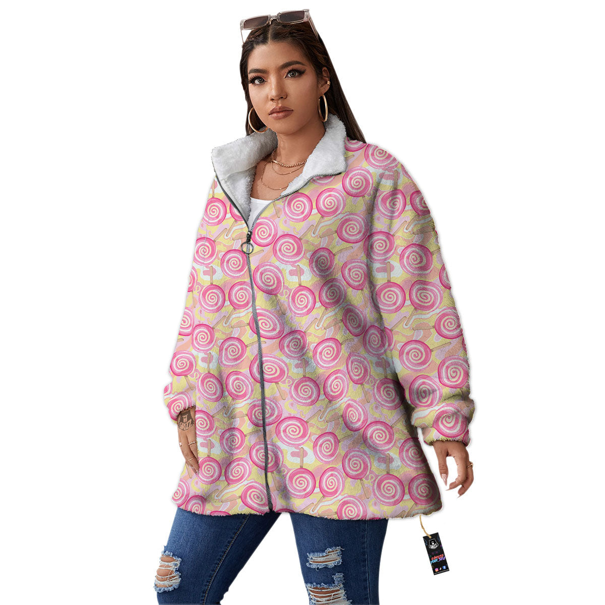 Swirl Pink Lollipop Print Pattern Women's Sherpa Jacket-grizzshop