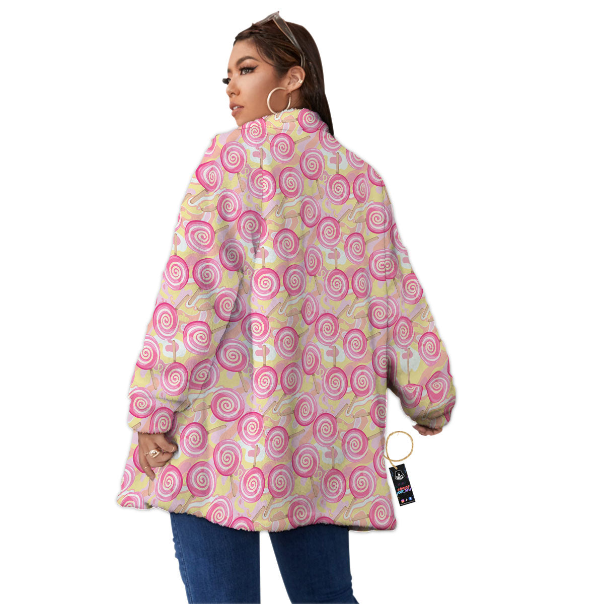 Swirl Pink Lollipop Print Pattern Women's Sherpa Jacket-grizzshop