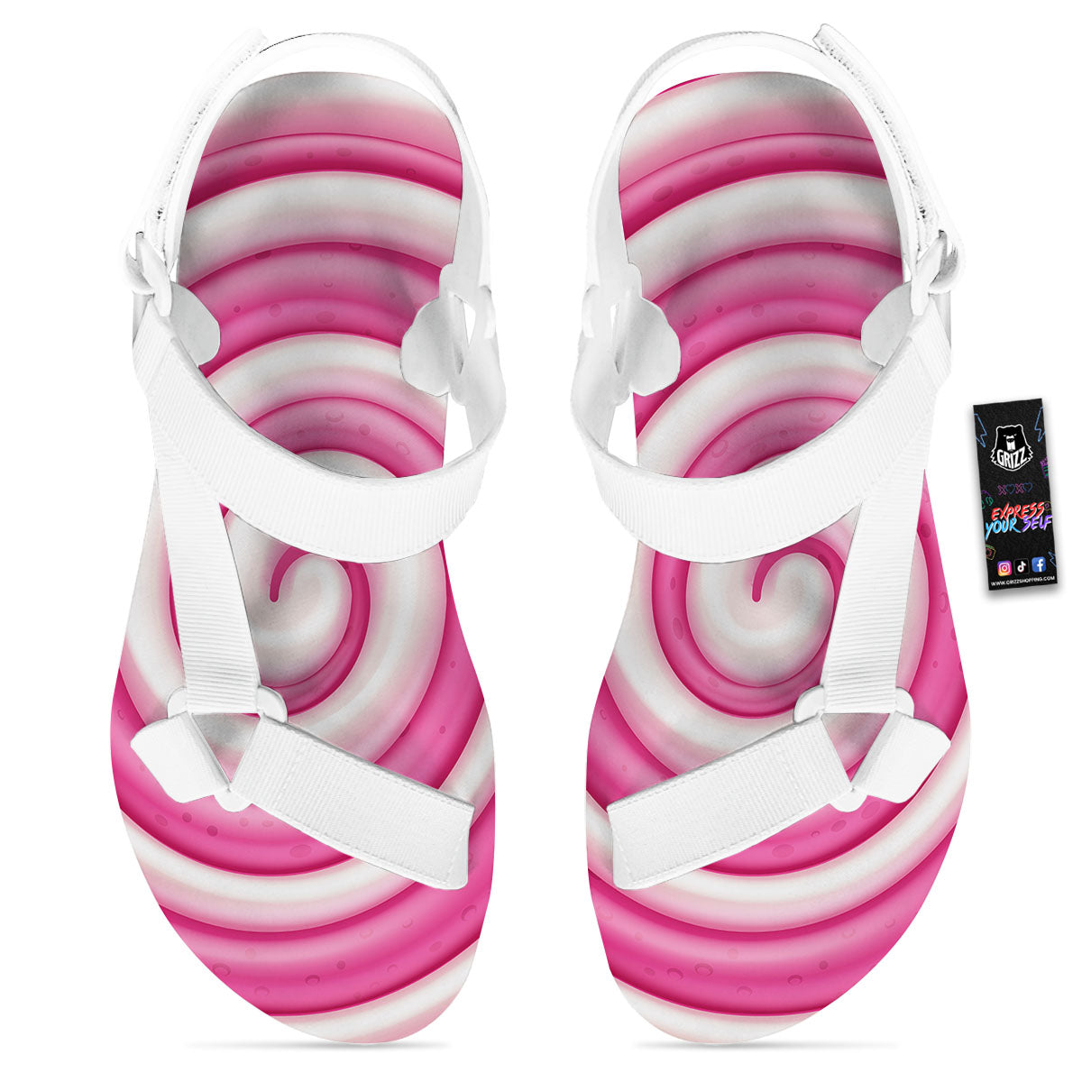 Swirl Pink Lollipop Print White Open Toe Sandals-grizzshop