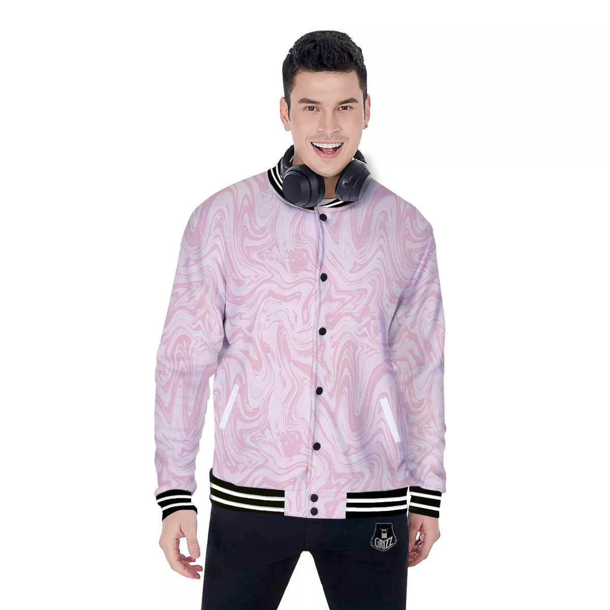 Swirl Pink Print Pattern Baseball Jacket-grizzshop