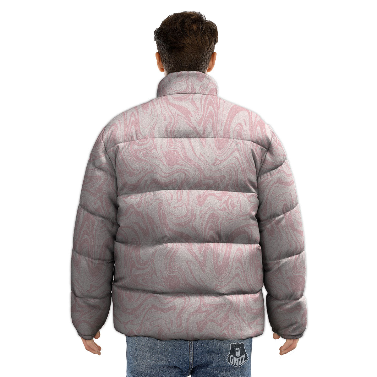 Swirl Pink Print Pattern Puffer Jacket-grizzshop