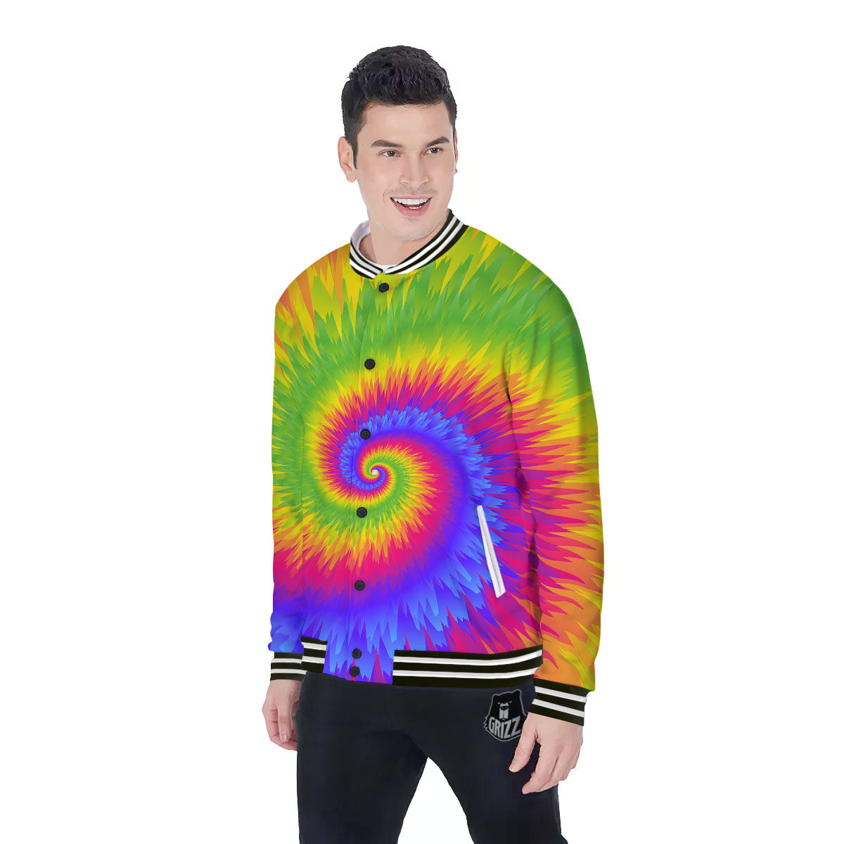 Swirl Rainbow Psychedelic Print Baseball Jacket-grizzshop
