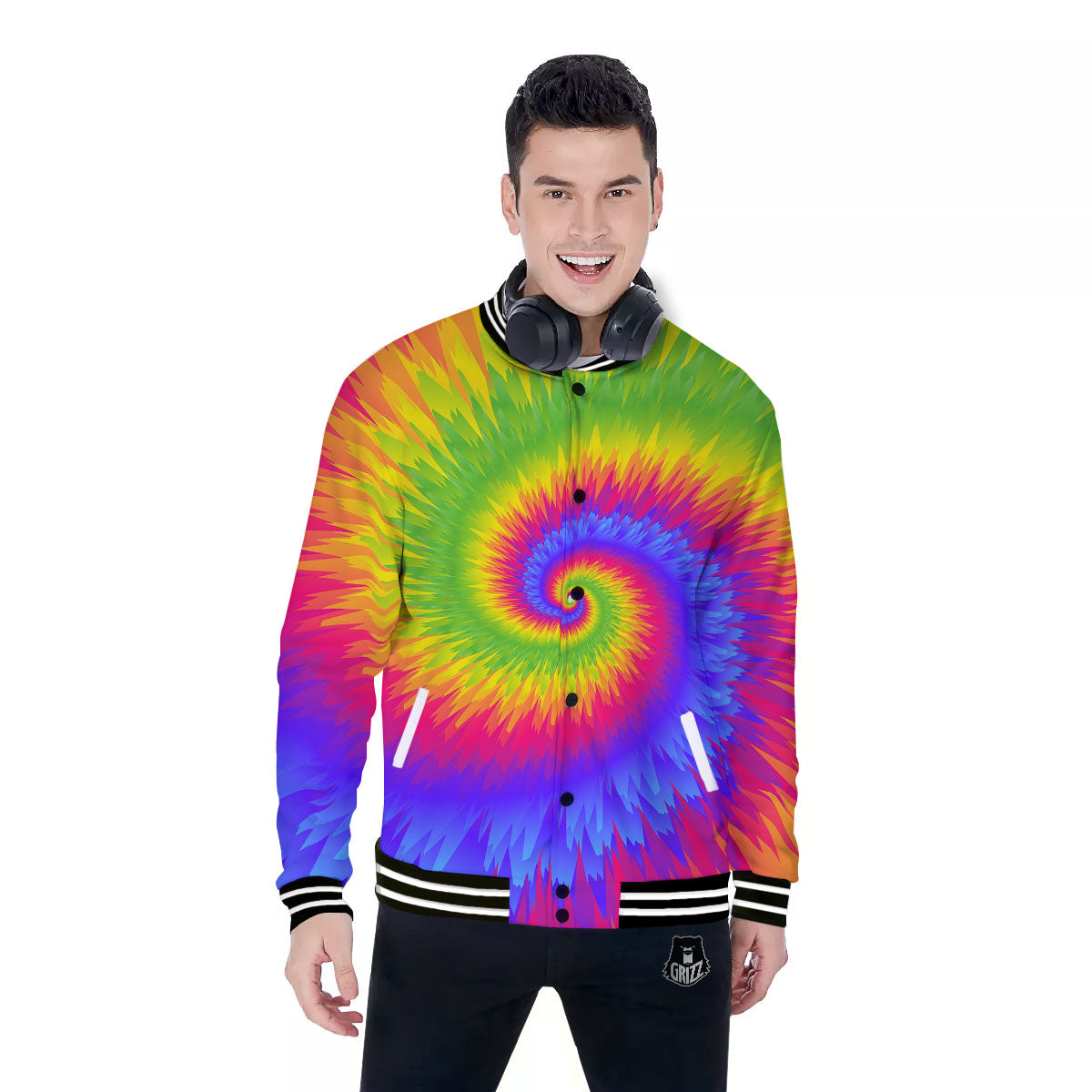 Swirl Rainbow Psychedelic Print Baseball Jacket-grizzshop
