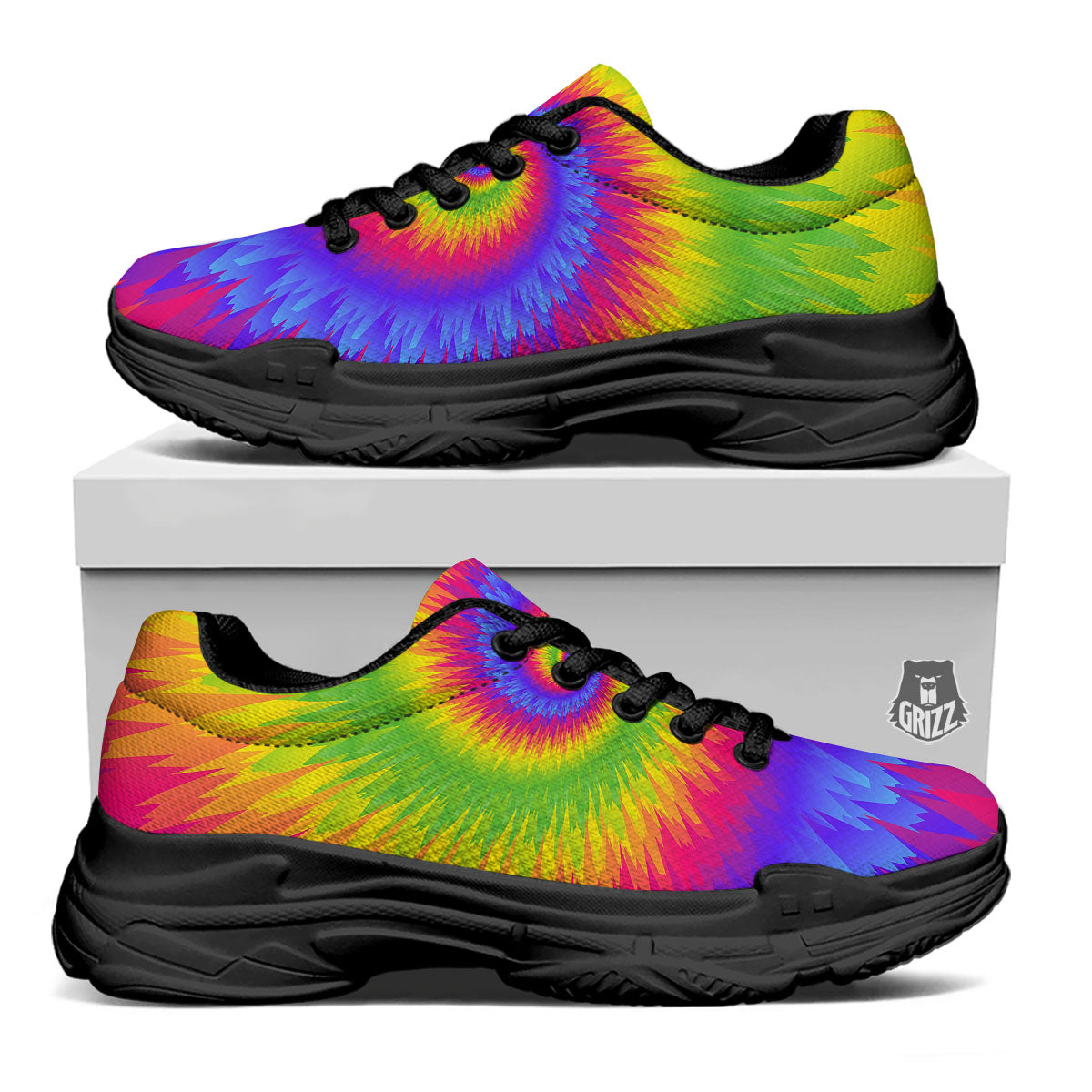 Swirl Rainbow Psychedelic Print Black Chunky Shoes-grizzshop