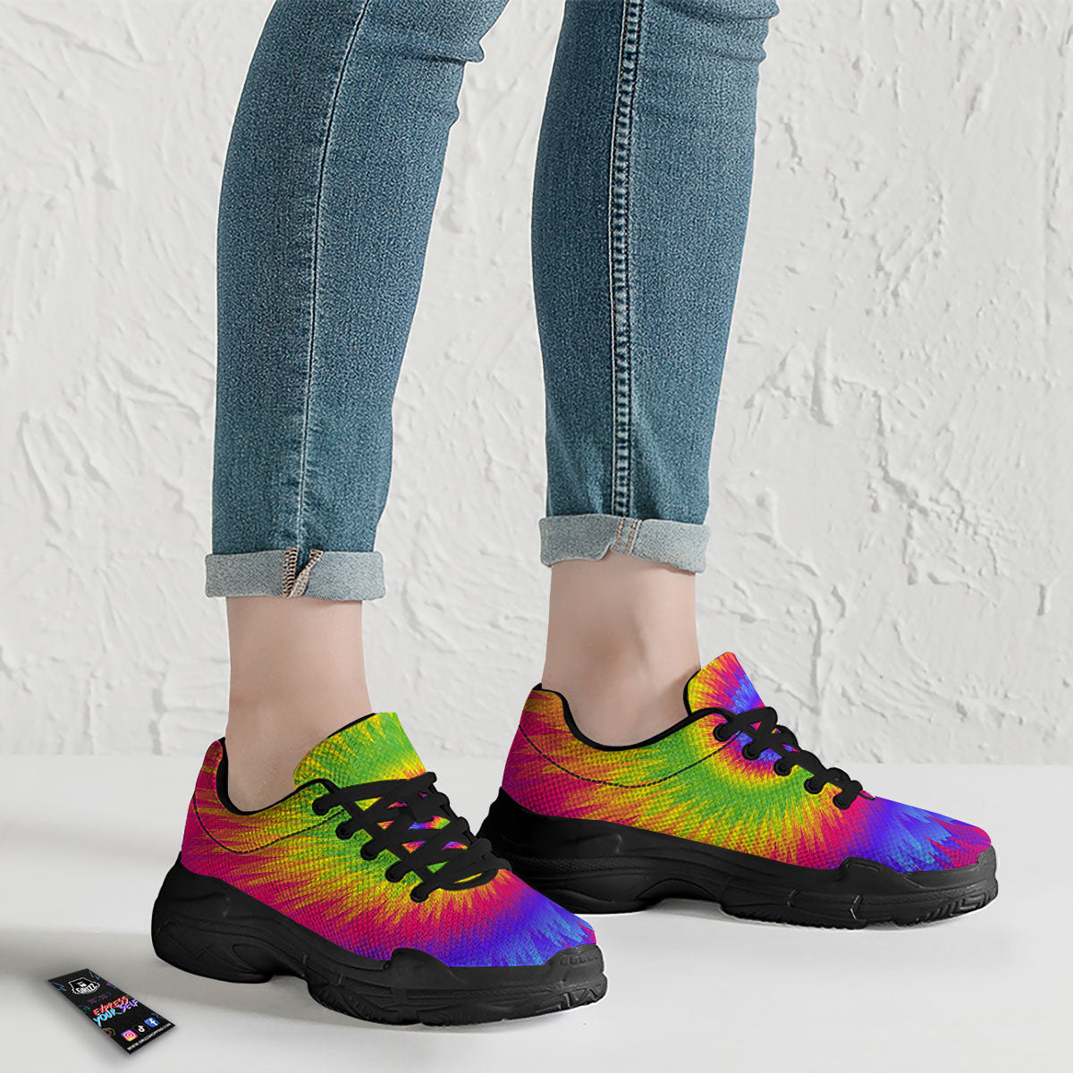 Swirl Rainbow Psychedelic Print Black Chunky Shoes-grizzshop