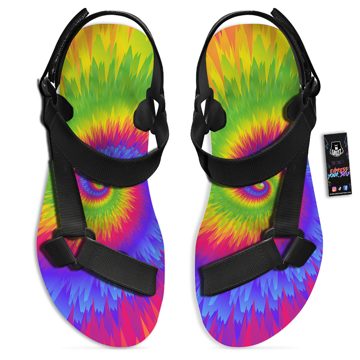 Swirl Rainbow Psychedelic Print Black Open Toe Sandals-grizzshop