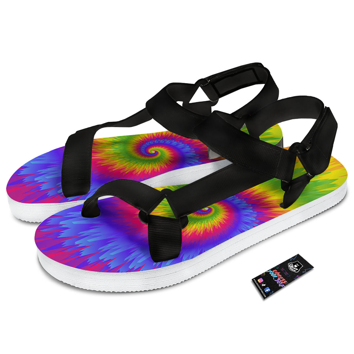 Swirl Rainbow Psychedelic Print Black Open Toe Sandals-grizzshop