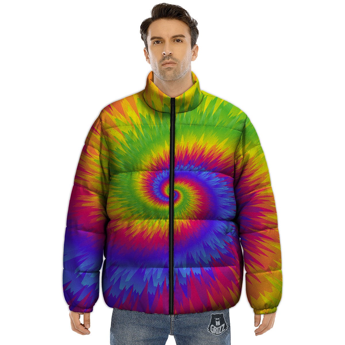 Swirl Rainbow Psychedelic Print Puffer Jacket-grizzshop