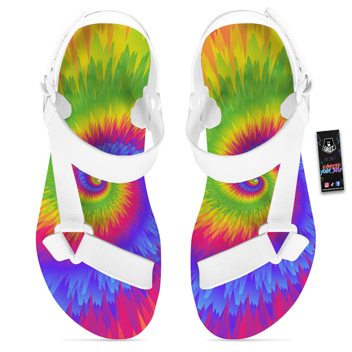 Swirl Rainbow Psychedelic Print White Open Toe Sandals-grizzshop