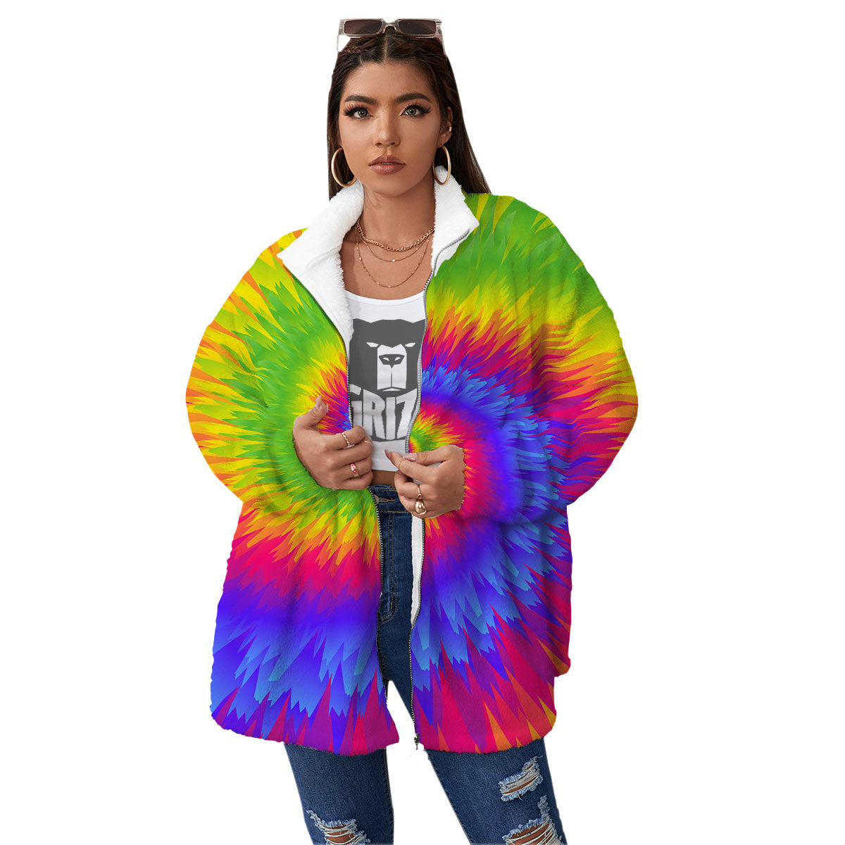 Swirl Rainbow Psychedelic Print Women's Sherpa Jacket-grizzshop