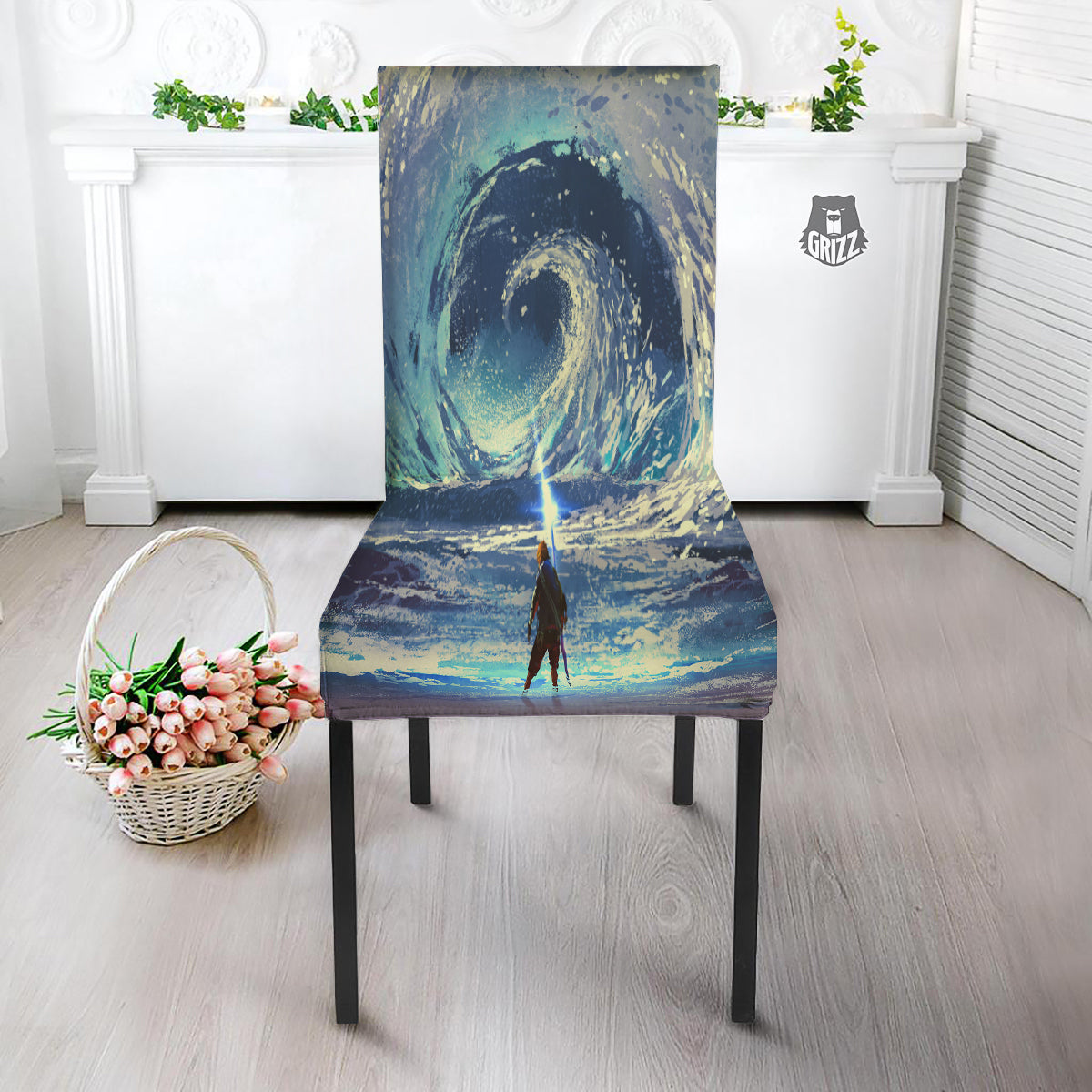 Swirling Sea Watercolor Print Dining Chair Slipcover-grizzshop