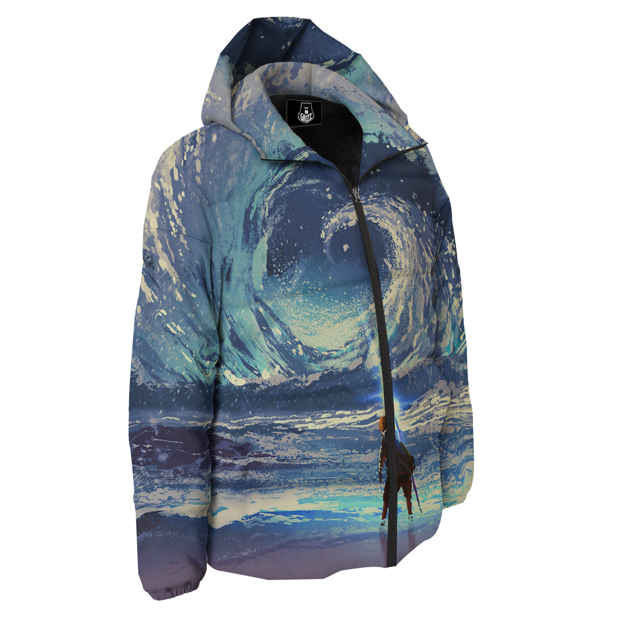 Swirling Sea Watercolor Print Down Jacket-grizzshop