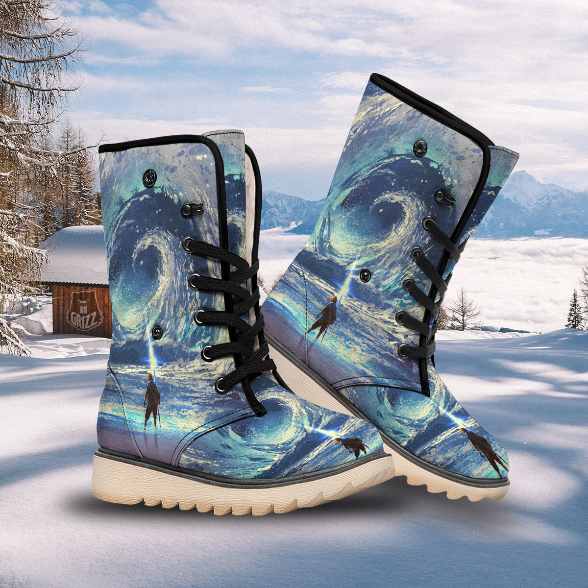 Swirling Sea Watercolor Print Snow Boots-grizzshop